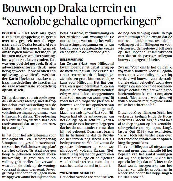 Krantenknipsel De Hillegommer koersnotitie volkshuisvesting.