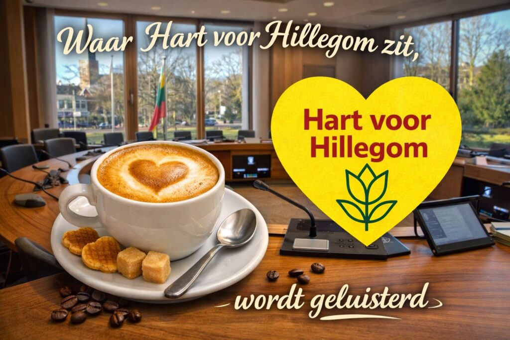 Foto van kop koffie met tekst Waar Hart voor Hillegom zit, wordt geluisterd.