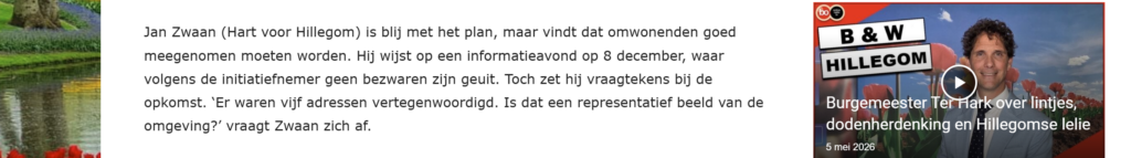 In de verslaggeving van Bollenstreek omroep komt HArt voor Hillegom een aantal keren voor. 